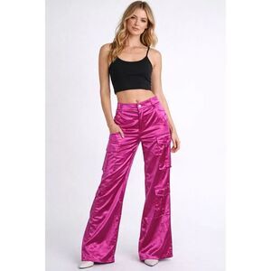 Boutique Brand Hot Pink Satin Cargo Pants Wide Leg Statement Trousers Sz XL
